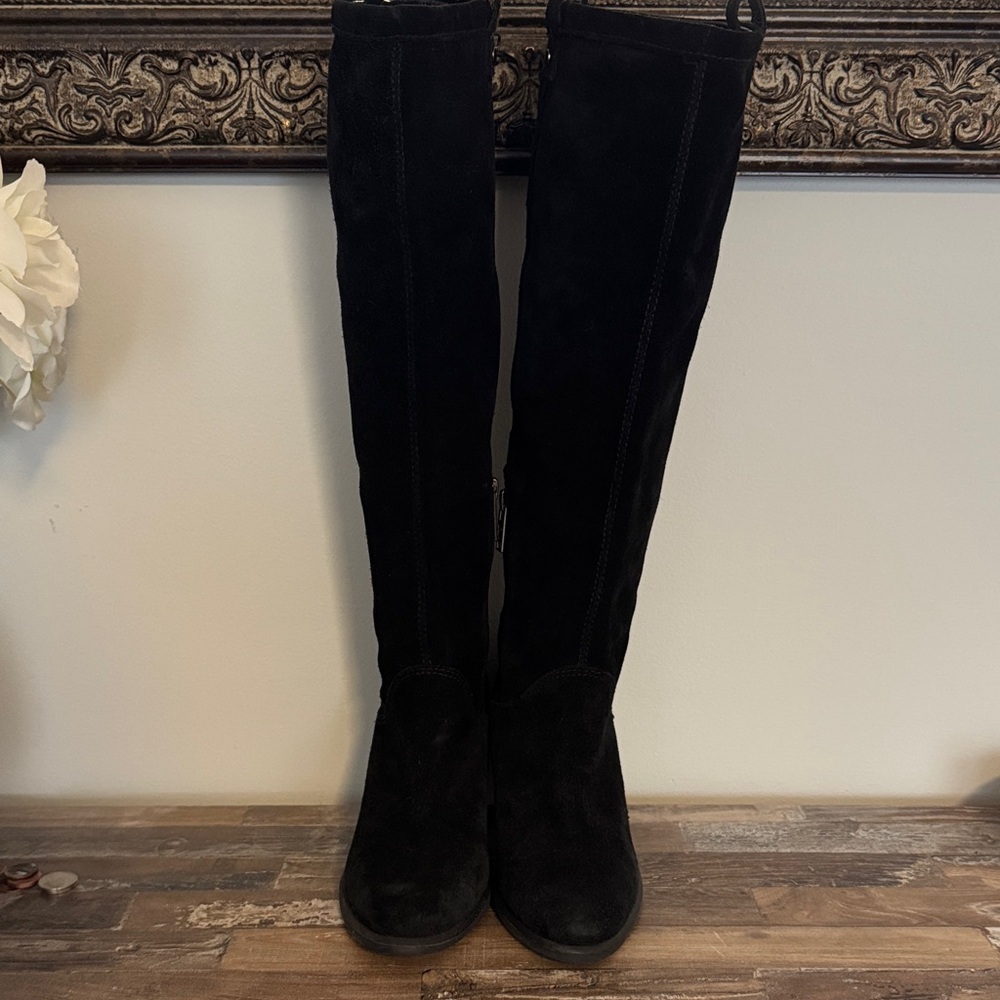 UGG Black Suede Knee-High Heeled Boots
